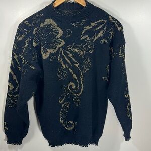 VINTAGE Black Gold Sparkle Paisley floral Sweater mock neck‎ grandma fall